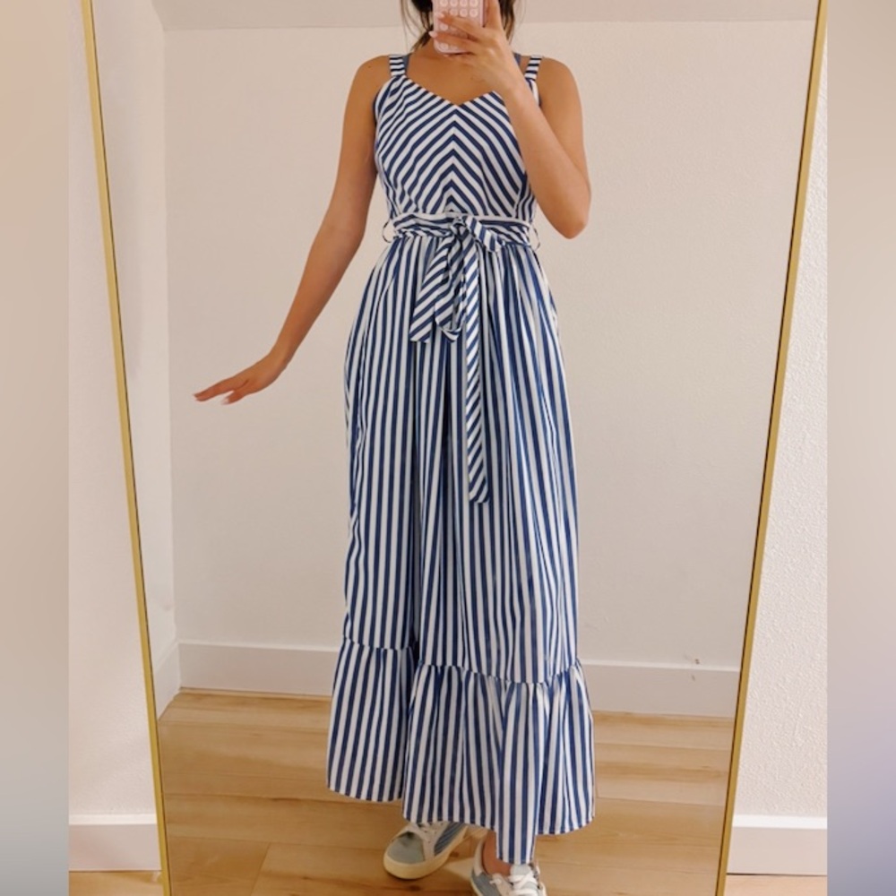 Navy and White Striped Tie - belt Waist Maxi Dress